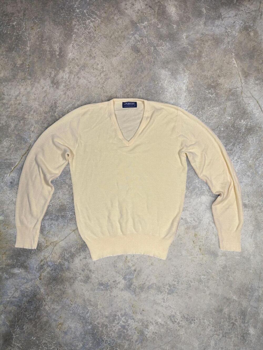 Vtg Puritan USA Made Yellow V-Neck Sweater Orlon Sz XL